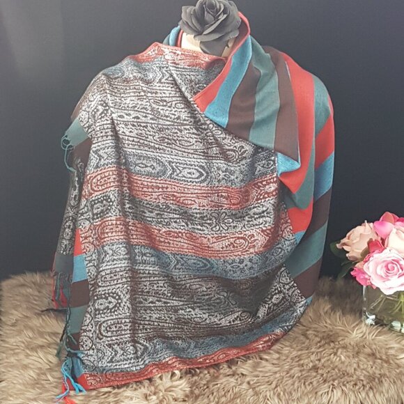 Blue & Red Striped Pashmina Shoulder Wrap with Silver Accents Pashmina & Silk - Picture 4 of 8